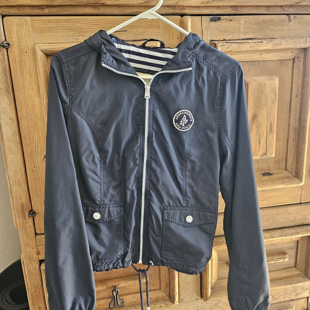 Abercrombie & Fitch Navy Blue Women's Windbreaker with Hood - Size L